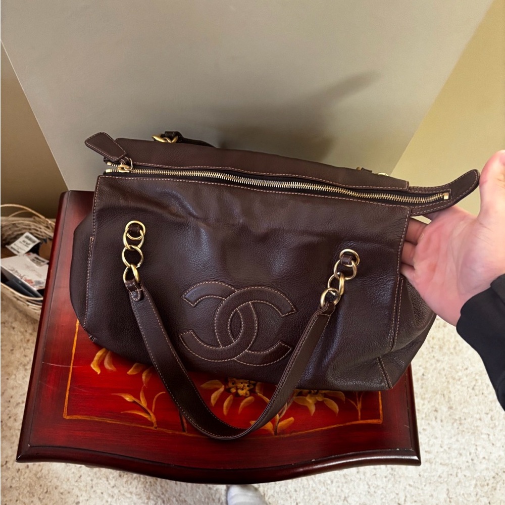 CHANEL Dark Brown Leather Double C Shoulder Bag with Gold Hardware